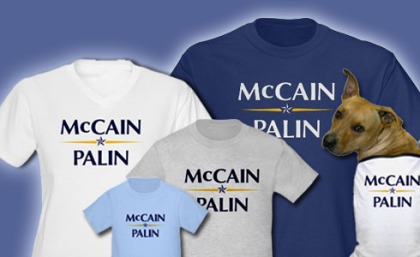 McCain/Palin Shirts, sweatshirts and boxers for men, women, kids, baby and dog! In multiple colors and styles.